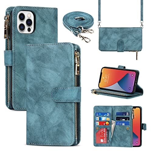 Cavor Cover Compatibile Con iPhone 12/12 Pro con Cordino,Flip Portafoglio Custodia in pelle,[9 Porta Carte][Magnetico],Custodia Libro Cover con Laccio Compatibile Con iPhone 12/12 Pro - Azzurro