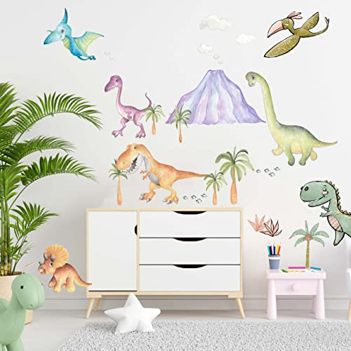 WANDKIND Dino Welt Wandtattoo Kinderzimmer V361 | handgezeichnet | AUFKLEBER Kindergarten | Babyzimmer Wandsticker Wanddeko Dekoration Dinosaurier Vulkan (120 x 120 cm)