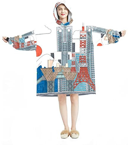 Buildings Print Wearable Blanket Hoodie,Oversized Kapuzendecke Sweatshirt, Mehrfarbig, Einheitsgröße