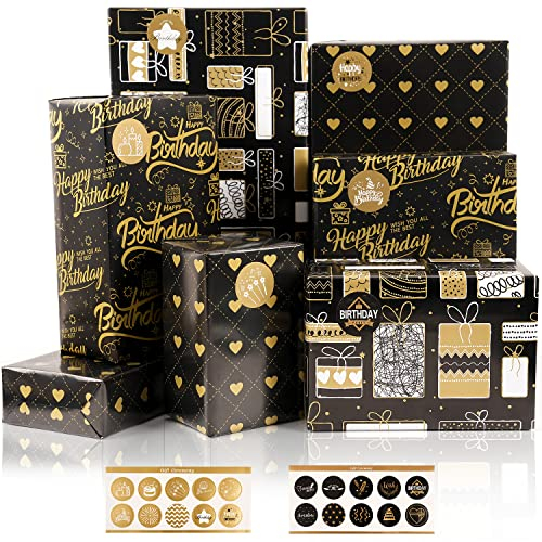MAMUNU Geschenkpapier Geburtstag, 6 Blatt Schwarzgold Geschenkpapier zum Mann Frauen Kinder, Schwarzes Gold Geschenkverpackung Papier für Geburtstag Abschlussfeiern,70x 50cm