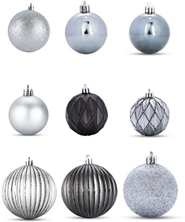 Becki Owens Bruchsichere Weihnachtsschmuck – Set mit 50 metallischen Silber, mattweiß und schwarz, bruchsichere Ornamente – unzerbrechliche Weihnachtsbaumschmuck – Weihnachtskugeln Baumschmuck