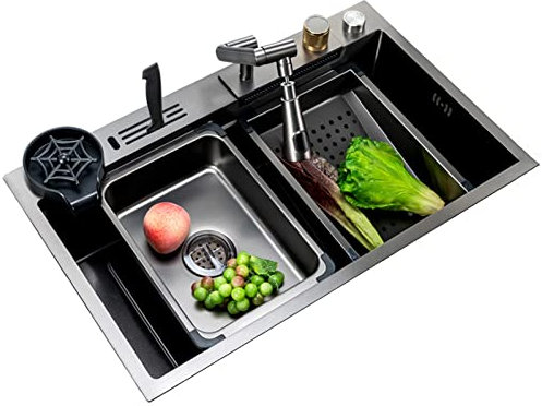 304 Lavandino A Cascata in Acciaio Inossidabile Lavello da Cucina A Ciotola Singola Lavello di Preparazione A Barre Multifunzione con Rubinetto Pieghevole E Lavabicchieri Scendi O sotto Il Supporto (