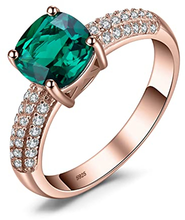 JewelryPalace Kissen Geschnitten 1.8ct Simulierter Grün Smaragd Ring Damen, Schmuck Set, Verlobungsring Solitär Ring Silber 925 Damen Ring Mit Stein, Silberringe Damen 925 Frauen Zirkonia Rosegold 53