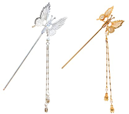 MeiyiZheng 2 Pcs Butterfly Hair Stick - Retro Chopstick Gold and Silver Chinese Hairpin for Women Girls Making Accessories