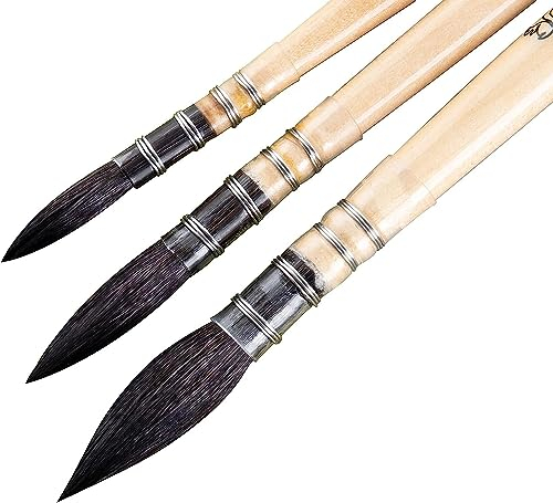 COOZEE Lot de 3 pinceaux d'artiste professionnels en poils d'écureuil naturels, ronds et pointus, parfaits pour l'aquarelle, la gouache et la peinture acrylique