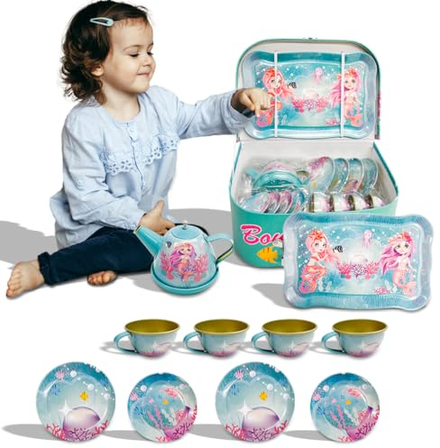 Koolbitz Kids Mermaid Tea Set - 15 Piece Durable Pretend Play Tea Party Set with Carrying Case, Pot, Tray, Cups and Saucers for Girls & Boys