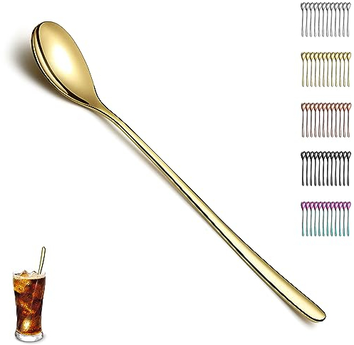 Evanda Gold Latte Macchiato Löffel Set von 12 Stück, Titanium Plating Gold Edelstahl Teelöffel, Rühren Bar Löffel, Kaffeelöffel, Eislöffel, Cocktail Löffel
