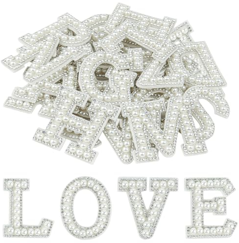 Morcheiong 52 x Perlen-Strass-Buchstaben-Flicken für Kleidung, Stoff, Rucksack, selbstklebend, A-Z, zum Aufkleben (weiß)