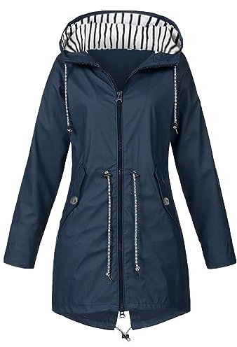 Regenjacke Damen Wasserdicht Atmungsaktiv Leicht Damen-Regenjacke mit Kapuze, leichter, langärmliger Windjacke mit Reißverschluss, Kordelzug und Taschen Imprägnierspray Wanderschuhe (Dark Blue #4, L)
