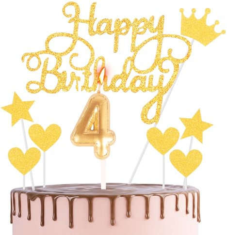 HONGCI Happy 4th Birthday Cake Topper & Birthday Candle Gold Number 4 Candle for Birthday Cake - 4th Birthday Candles Cake Cupcake Topper Birthday Cake Decorations for Boys Girls Birthday Gold