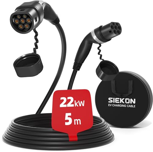 SIEKON Type 2 Charging Cable for Electric Car, Mode 3 22kW 5M 32A 3-Phase, EV Charging Cable with Carry Bag Type 2 to Type 2 for EV & PHEV for Model S/X/Y/3, ID.3, ID.4, ID.5, E-Tron,iX, iX3 etc