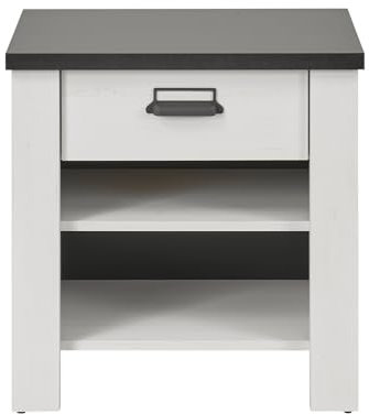 Nachttisch Nachtkommode in weiß Pinie und schwarz/anthrazit Nachtkonsole mit Schubkasten und Selbsteinzug Landhaus/Industrial Design 60 x 61 cm Stove (Nachttisch 2)