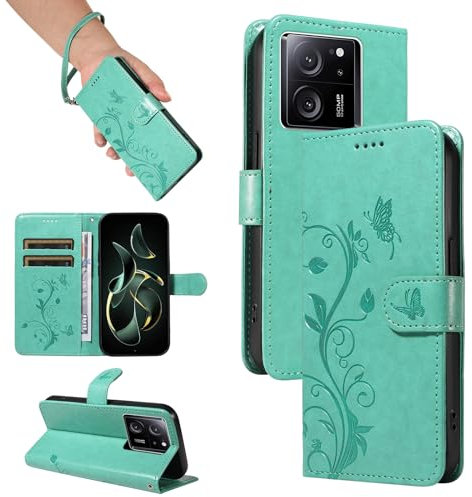 SRISHP Hülle für Xiaomi 13T Pro/Xiaomi 13T Hülle, Premium PU Leder Handyhülle mit Band, Magnet Flip Case für Xiaomi 13T Pro/Xiaomi 13T, Grün