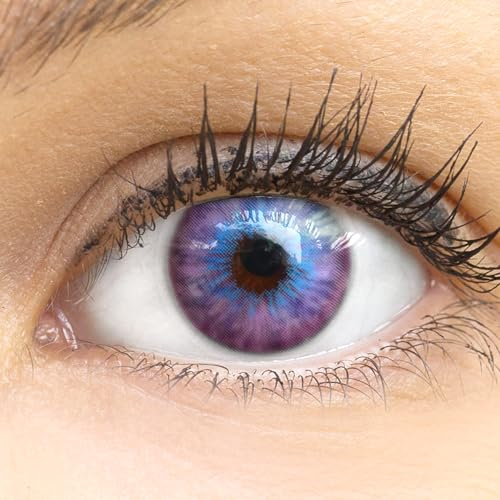 GLAMLENS Kontaktlinsen ohne Stärke Lila Violett farbige Monatslinsen Lila Violett weiche Linsen soft Hydrogel 2 Stück Farblinsen + Linsenbehälter 0.0 Dioptrien natürliche Serie Madrid Violet (blau)