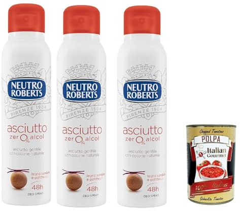 Italian Gourmet Asciutto deodorante spray unisex Zero Alkohol, 3 x 150ml | Sandelholz e patchouli, 48h Schutz ohne Flecken; dermatologicamente testato, Gesamtnettogewicht 450 ml + Kostenlos Polpa 400g