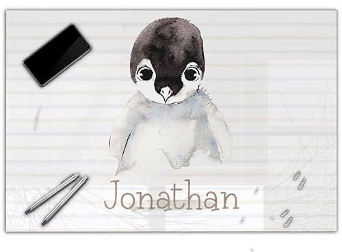 Schreibtischunterlage personalisiert mit Namen | wasserfeste Schreibunterlage, abwischbar, glatt | stabiles, hochwertiges Acrylglas, Kinder Kunststoff Tiere | 60x40cm 19- Pinguin