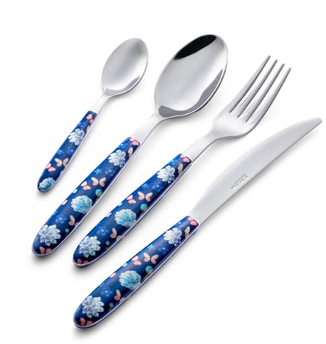 Eme P13SVR/GA Servizio Posate 6 Coltello 6 Forchetta 6 Cucchiaio 6 Cucchiaino Confezione Salvaspazio, 24 Pezzi, Modello Vero, Decoro Garden, Nichel Free, Manicatura PBT Sublimato