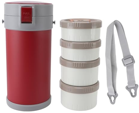 Lunchbox, 3 Etagen, 98 Unzen, Stapelbarer, Isolierter Lebensmittelbehälter, Suppenbehälter, Auslaufsichere, Tragbare, Wärmeisolierte, Beheizte Lunchbox mit Riemen (Rot)