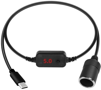 RIIEYOCA PD USB C a Cable de Enchufe para Encendedor de Cigarrillos, Adaptador Hembra para Encendedor de Cigarrillos Tipo C de 5V a 20V con Botón de Voltaje Ajustable (0,3M / 1FT)