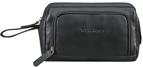 STILORD Henry Kosmetiktasche und Kulturbeutel aus Leder für Damen und Herren, große Waschtasche mit Fächern und Trageschlaufe Farbe:schwarz