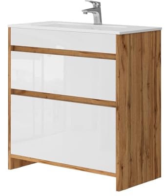 Vicco Meuble sous Vasque Detmold, Chêne de Force doré/Blanc Haute Brillance, 2 Parties, Meuble Bas 80 cm