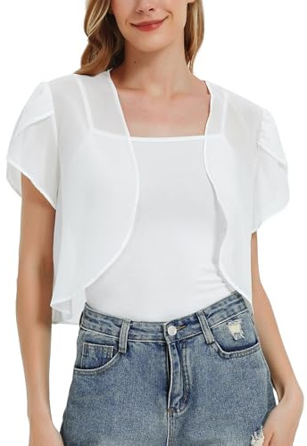 BALAYSIER Cardigan Donna Maniche Corte Bolero Donna Estivo Coprispalle Elegante in Chiffon per Matrimonio e Cerimonia(Bianco,M)