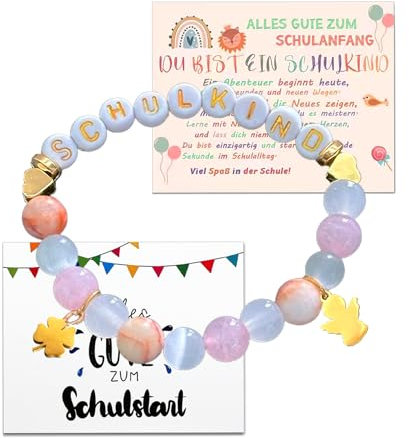 T TAKONE Schulkind Armband fur Mädchen - Einschulung Geschenk mit Schutzengel, Glücksbringer und Grußkarte - Schulanfang Einschulungsdeko Schultüte Rechenkette 2025