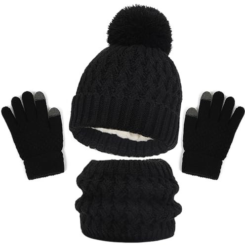 WANYI Mütze Schal Set Mädchen, Wintermütze Kinder Beanie Mütze Schal Handschuhe Set Mützen Jungen Warme Bommelmütze Strickmütze mit Weichem Innenfutter für Kinder 1-6 Jahre (A, Schwarz)