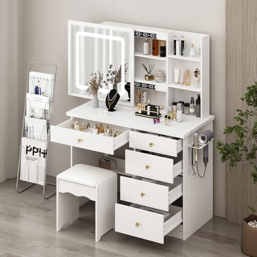 PREMTURE Weiße Schminktisch mit 3 Farbe Beleuchtung, Schminktische mit 5 Schubladen, Frisiertisch mit Spiegel, Kosmetiktisch mit 4 Regale, Weiß, 50 x 100 x 136 cm, MDF，Kein Haartrocknerhalter