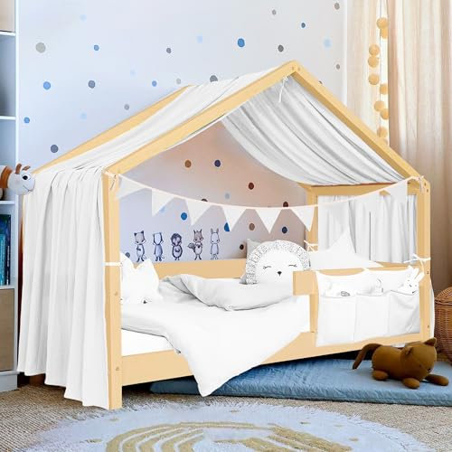 Hausbett Himmel Deko Set, Betthimmel Hausbett aus Musselin - 1 Betthimmel & 1 Wimpelkette, für Jungen Mädchen Deko für Kinderzimmer, Baldachin Kinderzimmer Deko I 135 x 360cm Weiß