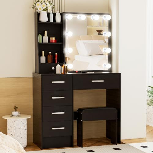 Dradaomull Tavolo da toeletta con illuminazione a LED, tavolo da toeletta con specchio per trucco, 3 colori con luminosità regolabile, 6 cassetti, tavolo cosmetico con ripiani regolabili, maniglia