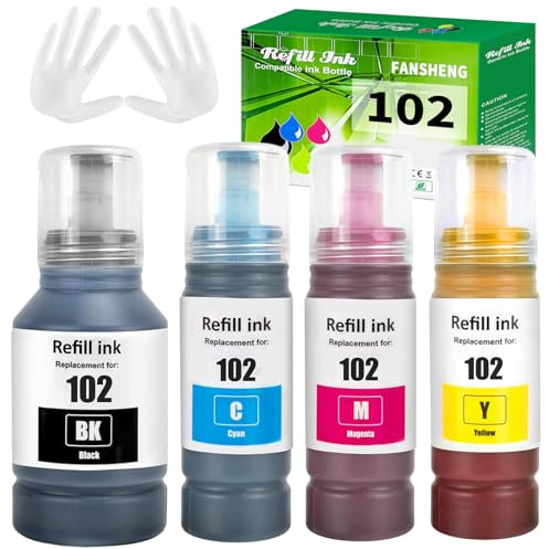 FANSHENG 102 Ink Compatible with epson 102 ink refill bottles for ecotank ET-2850 ET-4850 ET-2856 ET-3850 ET-15000 ET-2750 ET-2751 ET-2700 ET-3700 ET-3750 ET-4750 ET-4856 ET-2756 (4 Pack BK/C/M/Y)