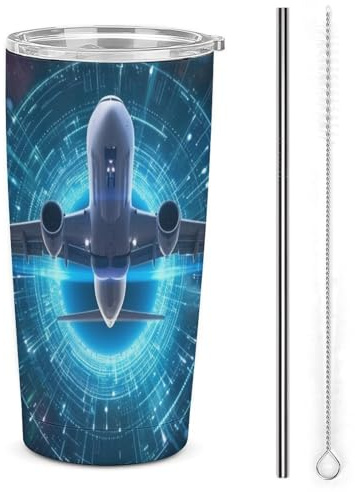 Xiputvl 3D-Druck Flugzeug Fliegen Großvolumiger Edelstahl Thermobecher - Mit Strohhalm - Auslaufsicher Und Ideal Für Heiße Und Kalte Getränke 20oz