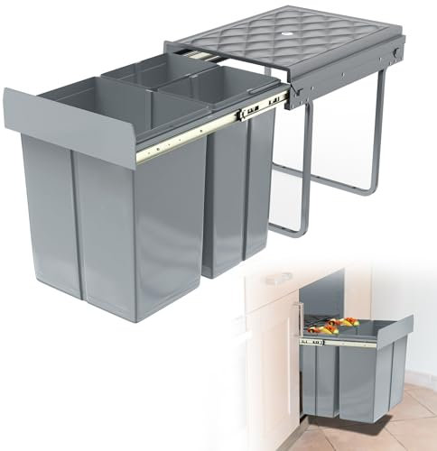 Froadp Einbau Mülleimer Küche Abfalleimer Ausziehbar Müllsammler 3 Fächer Mülltrennungs-System Vollauszug mit Teleskopschienen 48 x 34.2 x 41.8 cm - 2x10L+1x20L