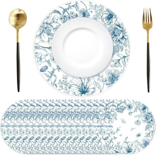 50 Stück Blaue Blume Papier Platzsets rund Papier Tischsets Blumen Blaue Einweg Platzsets rund 34 cm, Chinesischer Stil Tischset für Küche, Hochzeit, Geburtstag, Urlaub, Party