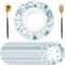 50 Stück Blaue Blume Papier Platzsets rund Papier Tischsets Blumen Blaue Einweg Platzsets rund 34 cm, Chinesischer Stil Tischset für Küche, Hochzeit, Geburtstag, Urlaub, Party