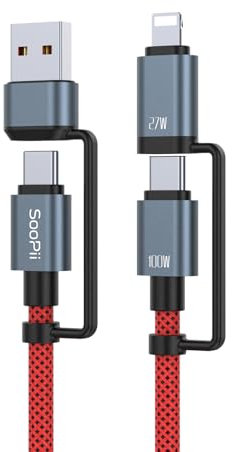 SOOPII 100W 4FT Multi USB C Charging Cable, 4 in 1 USB C to USB C Fast Charger Cable,Nylon Braided Type C Cord for Phones,Tablets,Laptops and More (Red)