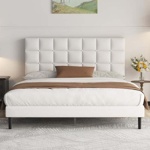 Yocreat Polsterbett 180x200cm Doppelbett, Bettrahmen mit Kopfteil und Lattenrost, Höhe 30 cm Bettgestell, Weiß