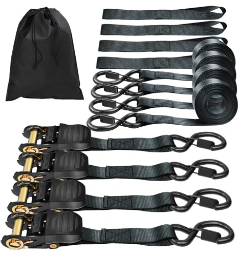 800kg Break Strength Ratchet Straps With S-Hooks, 5m Long, 25mm Wide Ratchet Tie Down Straps 4 Pack, Ratchet Tie Down Straps for Trailers, Cars, Motorcycle