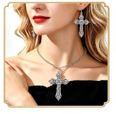Dishowme 3Pcs Gothic Kreuz Halskette Ohrringe Sets Vintage Punk Vampir Kruzifix Halskette Schmuck Sets für Damen Frauen Religiös Christ beten