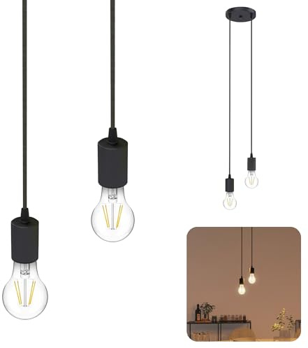 SSC-LUXon PARU Pendelleuchte 2-flammig schwarz rund E27 warmweiß inkl LED | Zweiflammige Hängelampe schwarz - Textilkabel höhenverstellbar, warmes Filament-Licht, für Esstisch & Küche, inkl. 2x LED