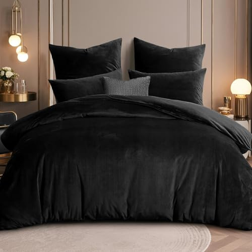 RUIKASI Flanell Winter Bettwäsche 220x240 Schwarz Warm WinterBettwäsche | 3tlg Kuschel Plüsch Fleece 2 Bettbezug 1 Kissenbezüge 80x80 mit Reißverschluss, Wendebettwäsche Bedding,OEKO-TEX
