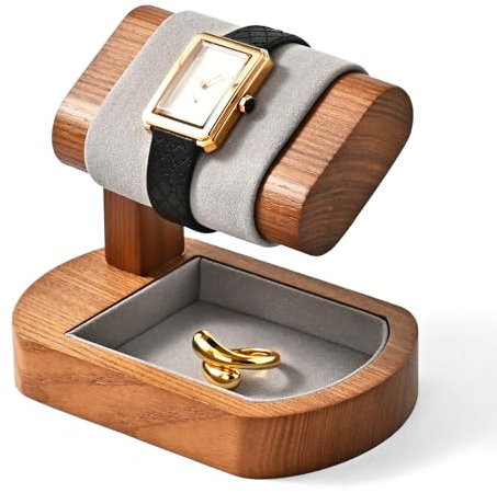 Oirlv Oval Watch Stand Grey Wooden and Microfiber Jewellery Organiser Top for Watches Bottom for Jewellery Storage