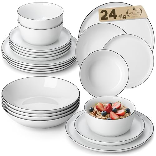 MALACASA Services de Vaisselle pour 6 Personnes, 24 Pièces en Porcelaine Blanc,Set Vaisselle incluant 6 Assiettes Plates, 6 Assiettes à Dessert, 6 Bols à Céréales et 6 Assiettes Creuses - Série LEXI