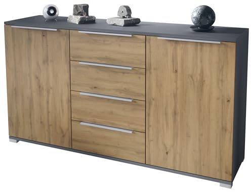 Vladon Sideboard Linio V1, Anrichte mit 2 Türen und 4 Schubladen, Anthrazit matt/Eiche Evoke (138,5 x 75,5 x 35 cm)