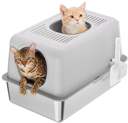 Aptliton Stainless Steel Cat Litter Box Enclosed, 20L Large Stainless Steel Cat Litter Tray with Front and Top Exit, Top Ventilation Covered Toilet for Kitten, Odour-Resistant, Easy to Clean