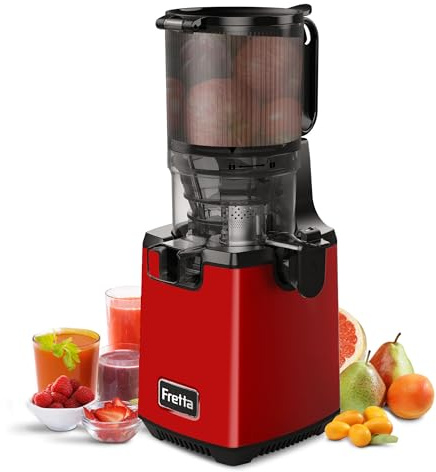 Fretta Kaltpress-Entsafter, Entsafter Maschinen mit 135 mm großem Futterschacht für ganzes Obst und Gemüse, selbstfütternde, langsam mastizierende Entsafter, hohe Saftausbeute, 250 W, perfektes (Wein)