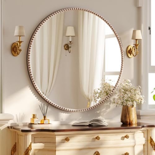 Koonmi runder Wandspiegel 80 cm, PU Perlenrahmen, Silber | Retro Badspiegel zum Aufhängen oder Anlehnen für Eingangsbereich, Schlafzimmer, Wohnzimmer und Flur