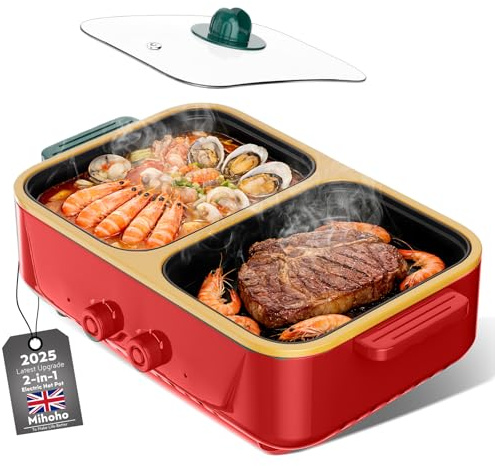 2-in-1 Electric Hot Pot and Grill Combo, Dual Temper Control, Fast Heating - Indoor Cooking Appliance for BBQ, Steaks, Noodles & More - Suitable for Up to 4 People (AU)