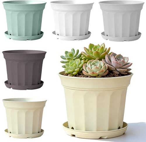 5 Pezzi Set Di Fioriera Con Foro Di Drenaggio E Sottovaso, 21cm Vasi Per Piante, Vasi Da Fiori In Plastica Con Foro Di Drenaggio,Vasi Da Fiori Con Sottovaso Per Interno Esterno Patio Finestra Giardino